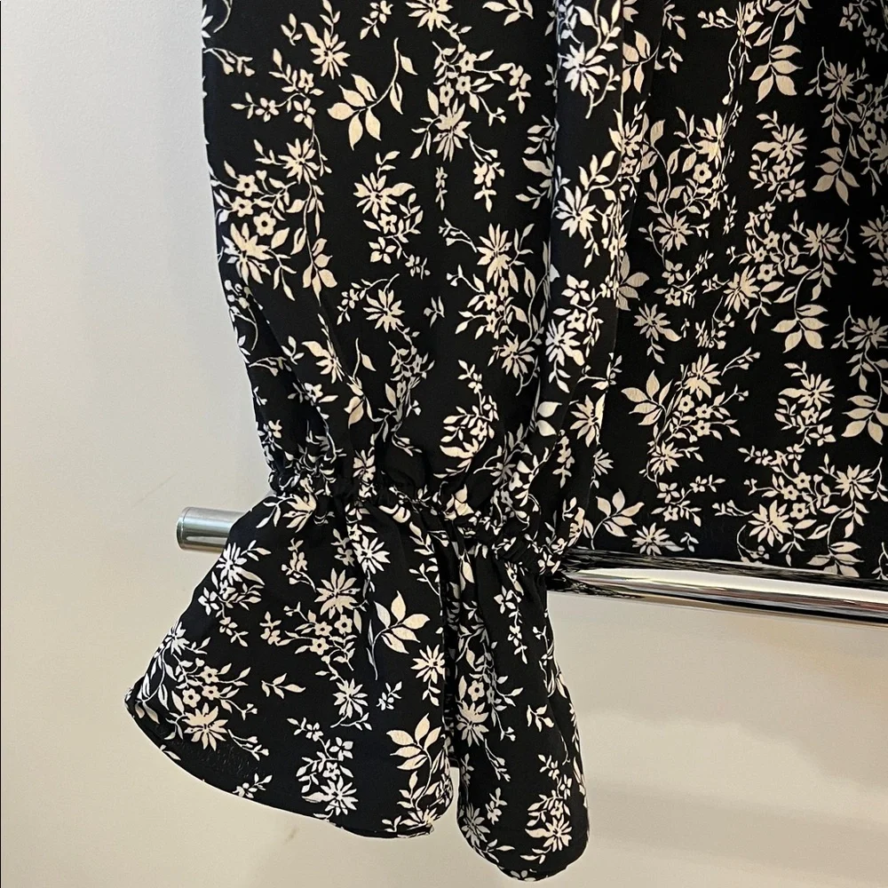 Black Floral Tie-Front Blouse with Ruffle Cuffs - Picture 3 of 6